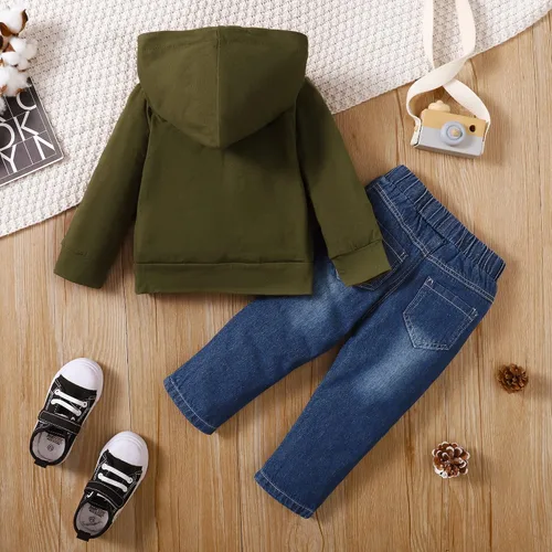 Vista 2 de WESIDOM Ropa de bebé niño, sudadera con capucha de impresión de manga larga con pantalones de mezclilla conjunto