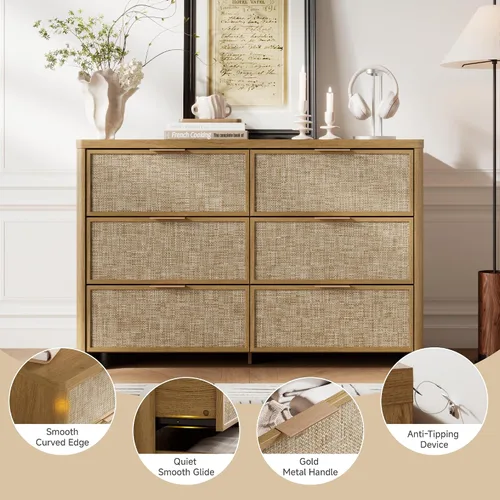 Vista 5 de Cómoda de ratán con 6 cajones para dormitorio, cómoda de 47.2 Roble natural