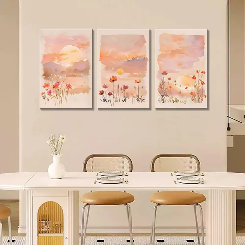 Vista 3 de Eysintum 3 paneles de arte de pared de atardecer rubor, impresiones en lienzo floral en acuarela, arte de paisaje de flores silvestres, decoración