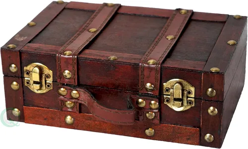 Vista 2 de Vintiquewise (TM). Caja decorativa pequeña con forma de velís antigua con correas.