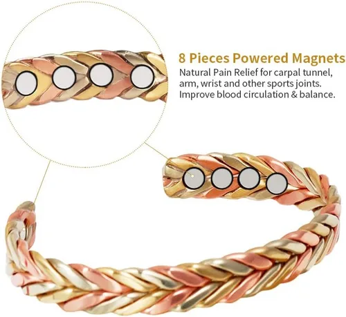 Vista 4 de Pulsera de cobre para mujer, traje de cobre puro, ajustable, tres colores, trenza, magnética, regalo de joyería Fashsion (0932 2040)