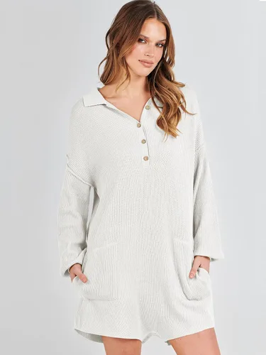 Vista 4 de ANRABESS Enterizo de suéter para mujer, trajes de otoño 2023, a la moda, largo, Henley, cuello en V, overol de punto para descansar