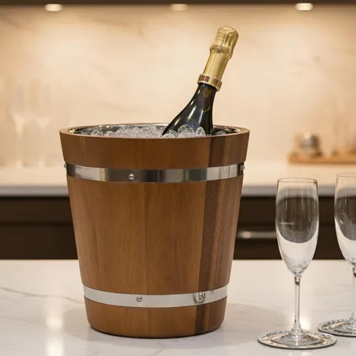 Vista 9 de Woodard & Charles - Cubo de hielo de madera de acacia, 2 cuartos de galón, 7" x 7 1/2" Acacia Wood Ice Bucket With Removable Liner; Keeps Ice