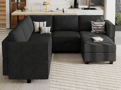 Vista 24 de Belffin Sofá seccional modular de tela en forma de U Sofá seccional doble diván Sofá otomano convertible con almacenamiento negro