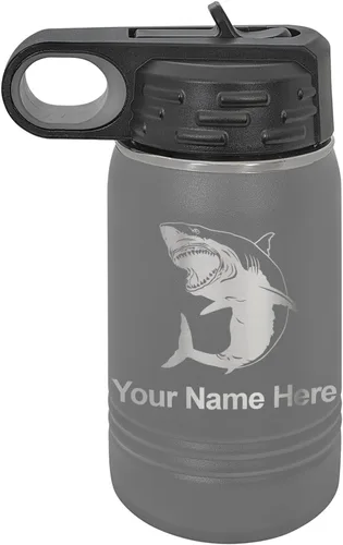 Vista 70 de LaserGram Botella de agua personalizada, gran tiburón blanco, acero inoxidable de doble pared aislada al vacío con popote superior, regalo grabado