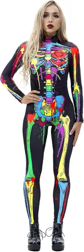 Vista 2 de Mono de esqueleto para mujer, estampado 3D, traje de fiesta de cosplay, elástico, ajustado de manga larga, disfraz de Halloween