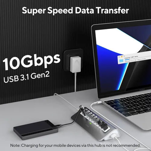 Vista 3 de Hub USB alimentado, intpw Hub USB de 10 puertos 3.1 con transferencia de datos de 10Gbps, adaptador de alimentación de 36W (12V/3A), cable USB tipo