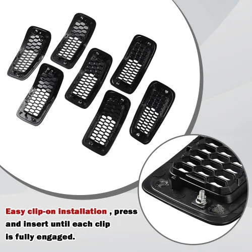 Vista 6 de JSCARLIFE J-eep Cherokee 2014-2018 ABS Honeycomb Grille Inserts Kit de 7 piezas - Cubiertas de malla estilo OEM Instalación con clip, moldura Negro