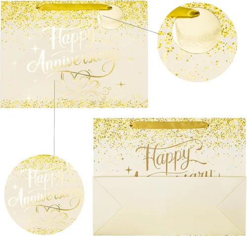 Vista 7 de LeZakaa Bolsa de aniversario de boda de 13 pulgadas con papel de seda, etiqueta y tarjeta de felicitación, bolsa de regalo con purpurina dorada