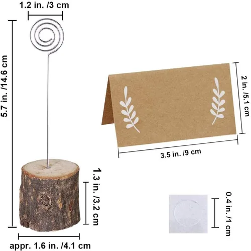 Vista 7 de 30 unidades de soportes de madera rústica para tarjetas de lugar con alambre de remolino, soporte de madera con corteza para notas de memo, soporte