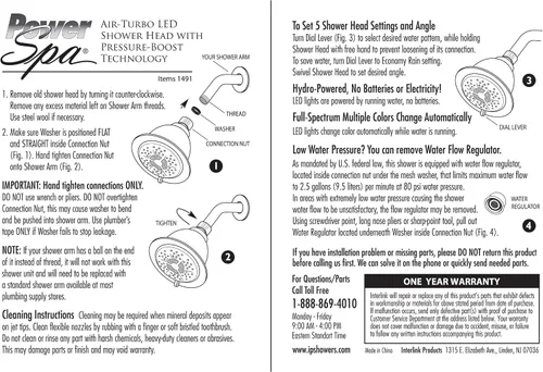 Vista 7 de PowerSpa - Cabezal de ducha LED cromado de 4 ajustes con tecnología de boquilla de presión turbo de chorro de aire; 7 colores de luces LED cambian