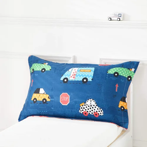 Vista 8 de Juego de ropa de cama para niños pequeños, color azul marino con autos coloridos, incluye 1 edredón para niños, sábana encimera, sábana bajera