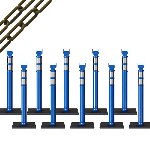 Vista 52 de CCW 10-Pack 45" Delineador Post Kit, 3" Collares reflectantes, 10 lb Base de goma (10 postes azules con cadena negra de 50 pies)