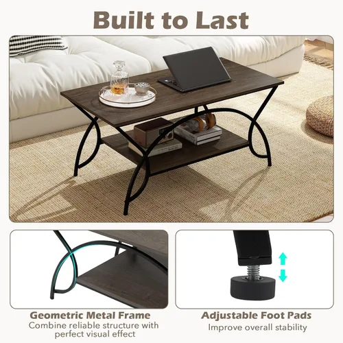 Vista 7 de GOFLAME Mesa auxiliar industrial, mesa central rectangular de 2 niveles con estante de almacenamiento, mesa decorativa con marco de metal arqueado