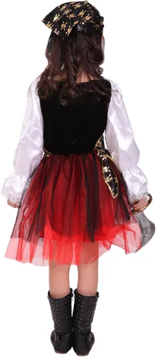 Vista 3 de Vestido pirata para niños, niñas, disfraz de Halloween, vestido midi de encaje de manga larga, chaleco de fiesta, club, cinturón de cintura, gorro