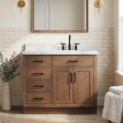 Vista 14 de DKB Bradford - Mueble de baño individual negro de 42 pulgadas con fregadero rectangular, encimera de mármol italiano de carrara con borde de 1.5