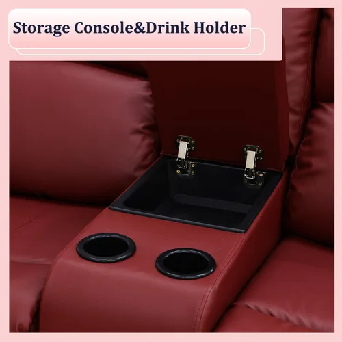 Vista 6 de Juego de sofá reclinable manual, muebles de cuero regenerado para sala de estar, sofás reclinables de cuero con portavasos, consola