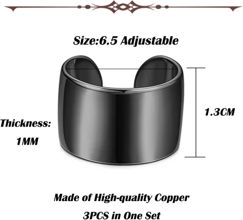 Vista 3 de JOERICA Juego de 3 anillos de banda ajustable para mujeres y hombres, anillos de nudillos planos, lisos, de banda ancha, Cobre, Zirconia cúbica