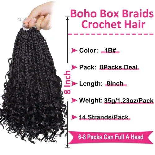 Vista 2 de Unionbeauty - 8 paquetes de trenzas bohemias de diosa en caja, de ganchillo de pelo para mujer negra, 8 pulgadas de trenzas de caja bob bohemias