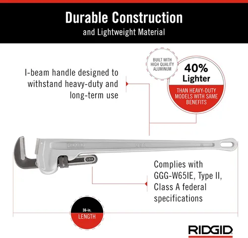 Vista 4 de RIDGID 31110 Modelo 836 Llave de tubería de plomería recta de aluminio de 36 pulgadas, plata, fabricada en los Estados Unidos