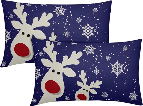 Vista 16 de Juego de 2 fundas de almohada lumbar de Navidad negras de 12 x 20 pulgadas, diseño rústico de copos de nieve de ciervos de Navidad, almohadas
