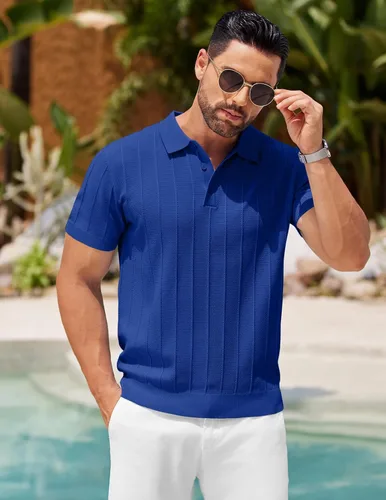 Vista 54 de COOFANDY Camisas polo de punto para hombre de manga corta con textura acanalada Camisas de golf casuales y ligeras con cuello Camiseta de polo