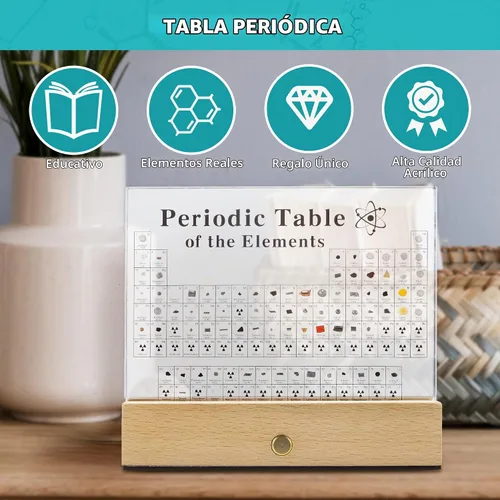Vista 4 de MegaBox Tabla Periódica de Elementos con 83 Elementos Reales, Exhibición de Tabla Periódica de Acrílico con Soporte de Madera, 6 Tarjetas