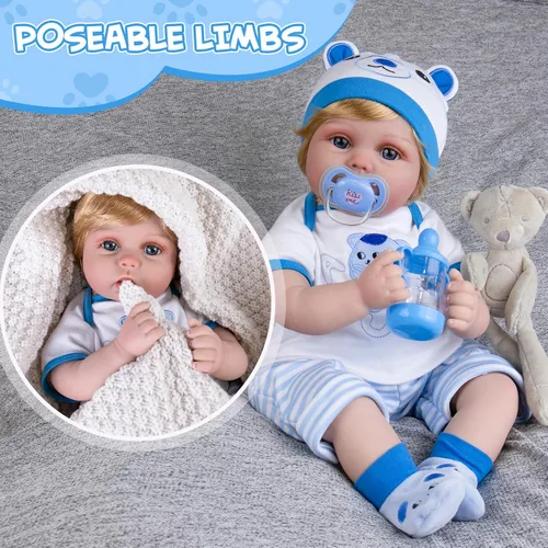 Vista 3 de Aori Muñeca Reborn Baby Boy – 22 pulgadas realista recién nacido – Muñecas de bebé con peso hechas a mano con cuerpo de tela suave para niños de más