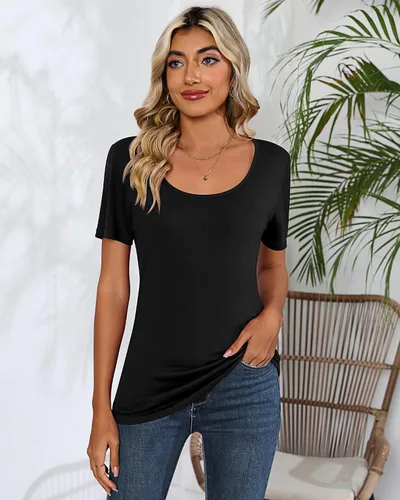 Vista 4 de Riyiper 2 piezas de camisetas para mujer con cuello redondo, camiseta básica casual para mujer
