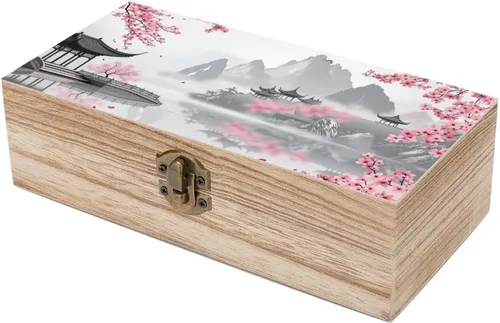 Vista 6 de Cherry Blossom Pavilion Wooden Storage Box with Hinged Lock,Decorative Handmade Keepsake Jewelry Chest, Elegant Retro Decor Boxes, Compact Organizer