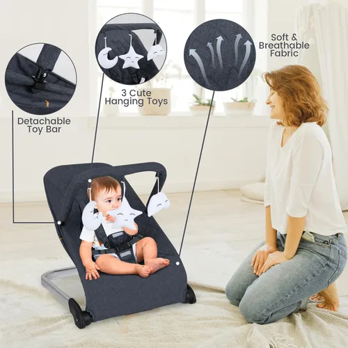 Vista 6 de HONEY JOY Gorila para bebé, asiento estacionario plegable portátil para recién nacido con vibraciones, barra de juguetes extraíble, arnés