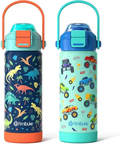 Vista 13 de Botella de agua aislada para niños con pop-open pajita y pico 2-en-1, botella de agua aislada de 14 onzas para niños, botella de acero inoxidable