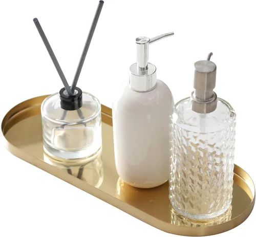 Vista 10 de FREELOVE Bandeja dorada de espejo para tocador de baño, pequeñas bandejas decorativas de metal de latón, baratija ovalada redonda rectangular