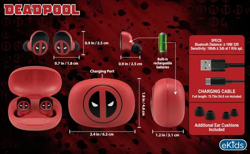 Vista 5 de Deadpool - Auriculares inalámbricos con micrófono, auriculares Bluetooth con estuche de carga