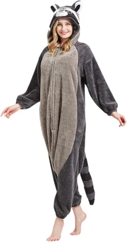 Vista 3 de DarkCom Raccoon Onesie Halloween Costume One Piece Unisex Adult Pajamas Women Men Sleepwear Christmas Pajamas