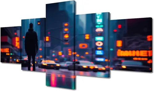 Vista 14 de Póster de 5 paneles en lienzo para decoración de pared, diseño de centro urbano Cyberpunk, impresión moderna, decoración de pared para el hogar