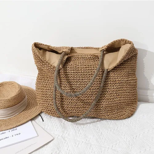 Vista 8 de Rejolly Bolso de mano de paja para mujer, para playa, verano, vacaciones, estilo bohemio, de ratán, bolso grande de hombro tejido