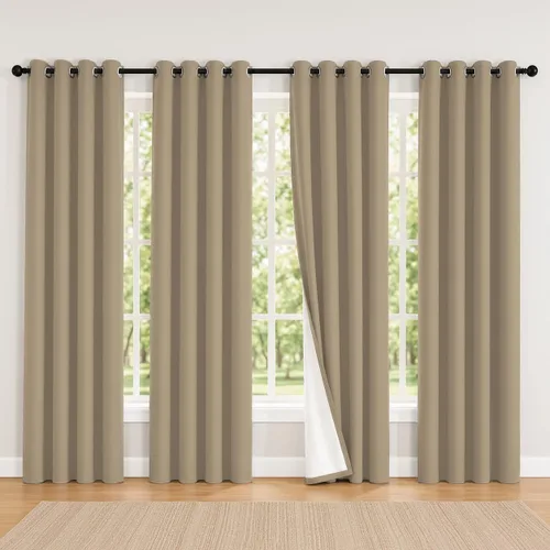 Vista 32 de 2 paneles de cortinas 100% opacas, de peso medio, con aislamiento térmico y ojales para dormitorio, sala de estar, tratamiento de ventana