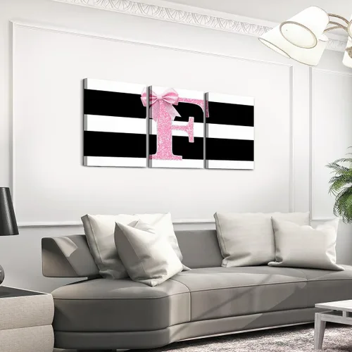 Vista 22 de Erosebridal Lienzo decorativo con monograma de 12 x 16 pulgadas, diseño de letra inicial de lazo rosa, decoración de pared, rayas blancas y negras