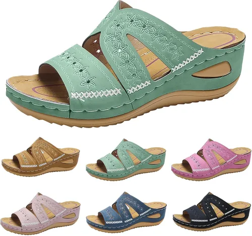 Vista 19 de Sandalias ortopédicas con soporte de arco, sandalias planas para exteriores, estilo bohemio, para caminar, cómodas, elegantes, informales