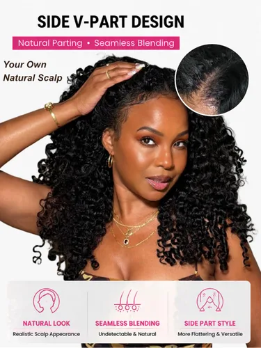 Vista 2 de UNICE Kinky Jerry - Peluca de cabello humano rizado con parte en V, sin