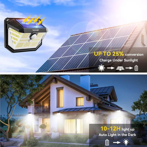 Vista 2 de TECKNET 231 luces LED solares de movimiento al aire libre impermeables, juego de 4 unidades con ángulo de 300° y 3 modos de iluminación, luces