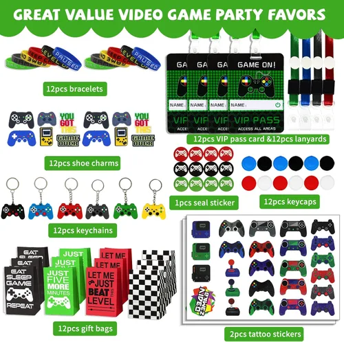 Vista 3 de Bluegogo 146 piezas de recuerdos de fiesta de videojuegos: pases VIP, llaveros, calcomanías de tatuaje, colgantes de zapatos, gorras con botones