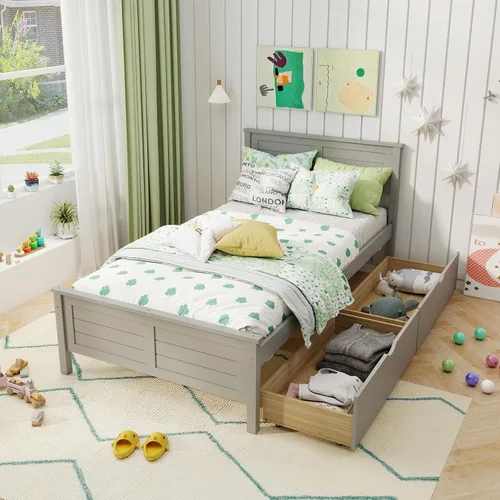 Vista 10 de KOMFOTT Marco de Cama de Madera Tamaño Twin con 2 Cajones de Almacenamiento, Marco de Cama de Plataforma de Mediados de Siglo con Cabecero, Soporte