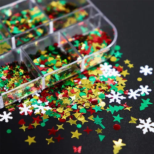 Vista 4 de 12 rejillas para arte de uñas de Navidad, lentejuelas holográficas 3D, copos de nieve láser, estrella, mariposa, invierno, vacaciones, purpurina