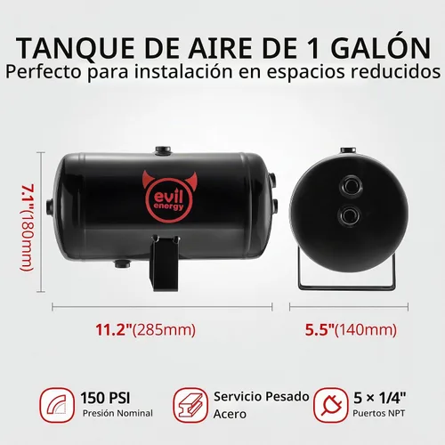Vista 2 de EVIL ENERGY Tanque de aire y compresor Kit de 1 galón, 5 puertos, 1/4" NPT 150PSI nominal 12V compresor de tanque de aire para camión, bocina