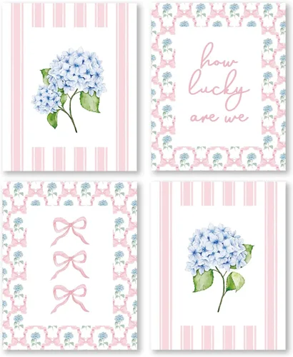Vista 19 de Pleonox Juego de 4 impresiones artísticas florales de hortensias con lazo azul coqueta verde salvia de 8 x 10 pulgadas, con texto en inglés «How