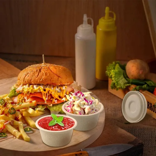 Vista 5 de Vmiapxo 100 juegos de tazas de condimento de fibra de bagazo natural de 2 onzas con tapas, recipientes de condimentos de salsa compostables, platos