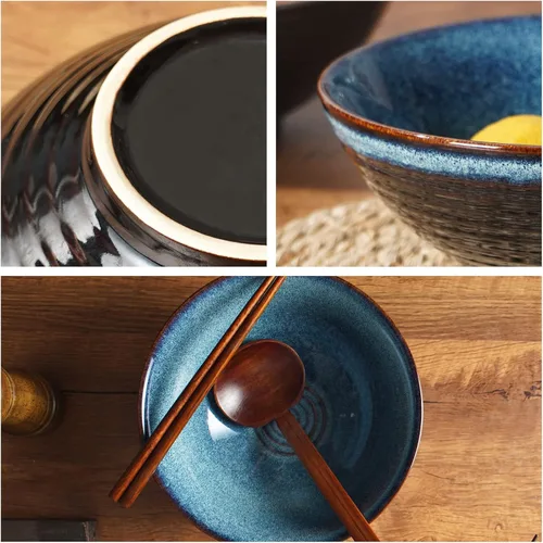 Vista 6 de Juego de cuencos de cerámica japonesa de ramen con palillos, cuencos Pho de 8 pulgadas y 40 onzas y tazón de sopa asiático y cucharas para fideos
