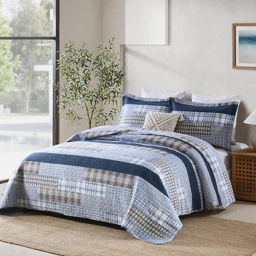 Vista 2 de PANGUSHAN - Juego de edredón tamaño Queen, 100% algodón, juego de ropa de cama, colcha reversible ligera de estilo granja con diseño de retazos Azul
